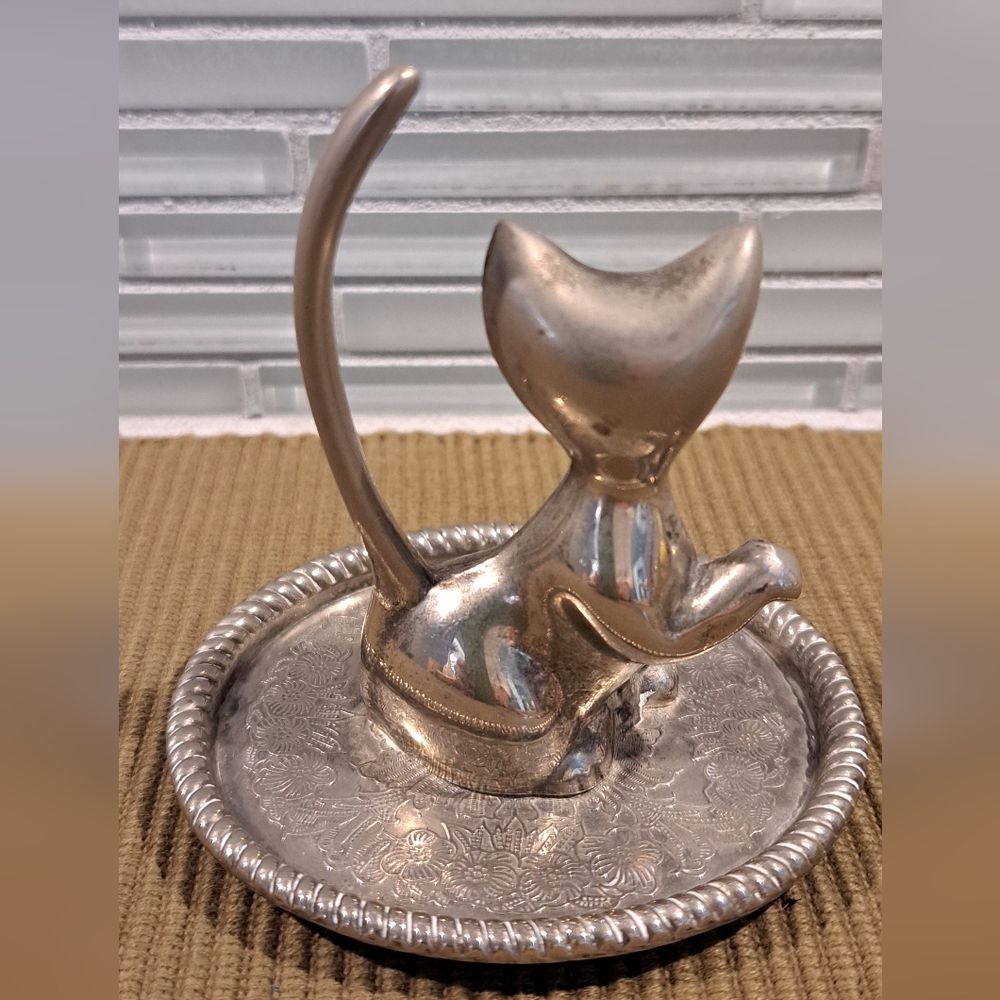 Vtg Cat Ring Holder Trinket Silver Plated - Picture 2 of 4